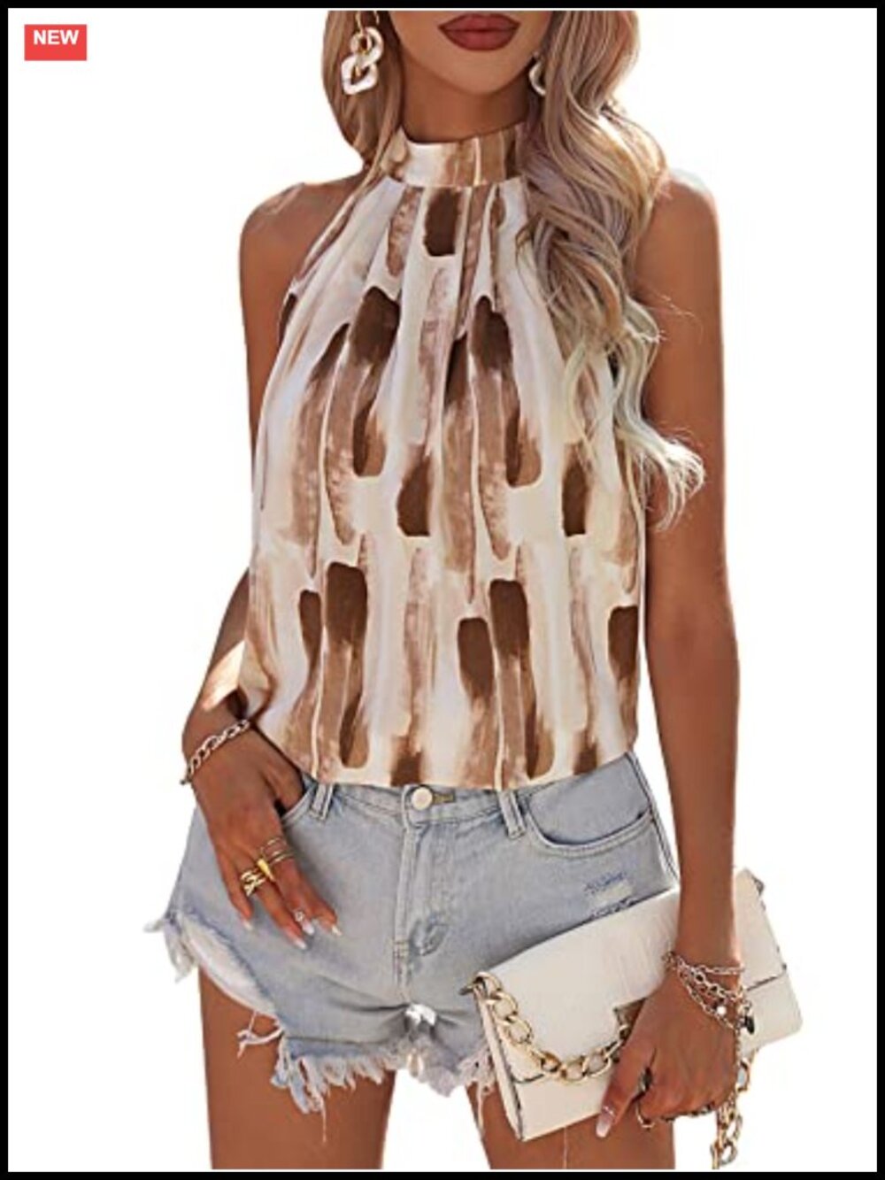 Sleeveless Animal Print Halter Top Cut Out Back Summer Blouse